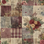 Patchwork design featuring floral patterns, plaid sections, and text blocks in burgundy, beige, and green tones. Vintage style with roses and leaves interspersed throughout.