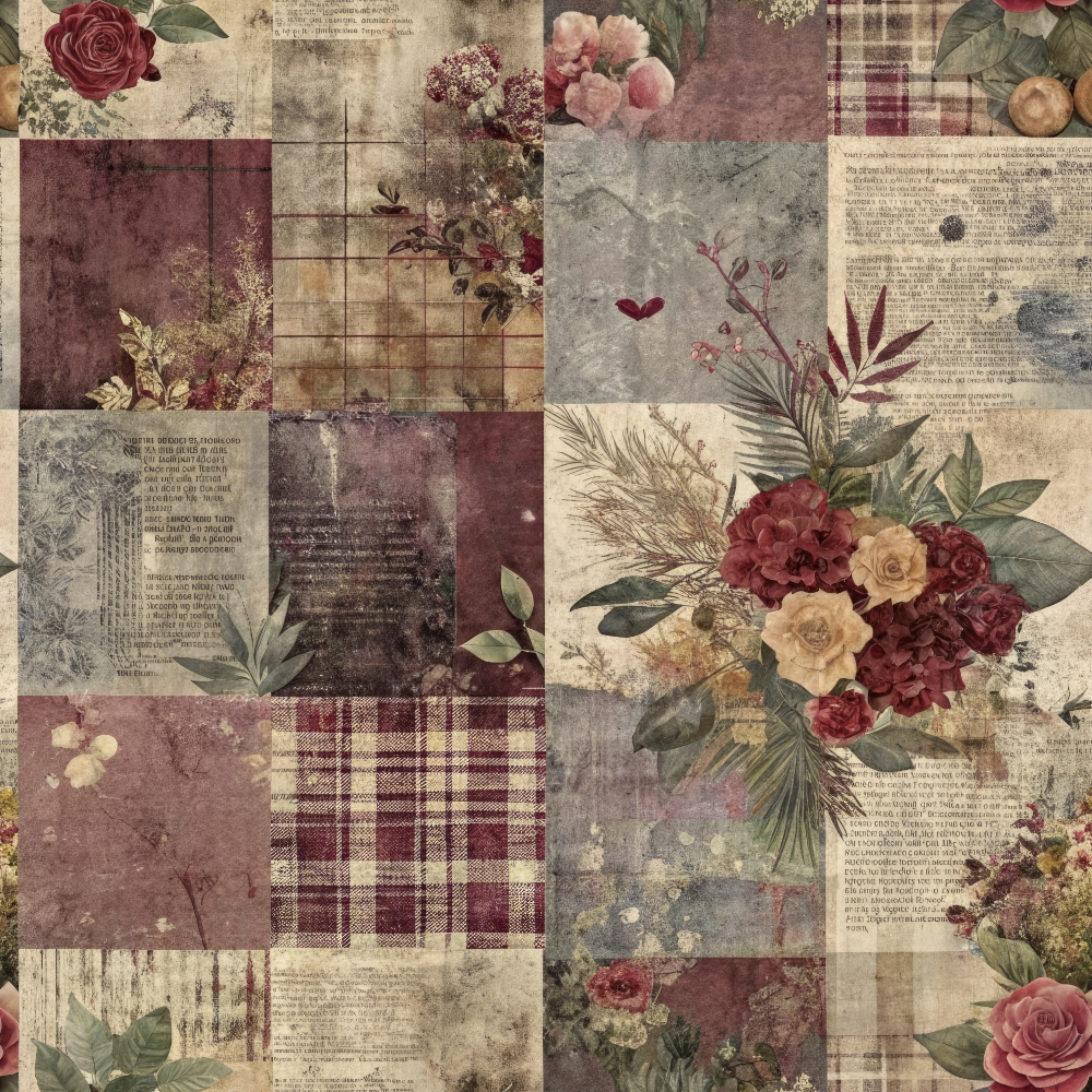Patchwork design featuring floral patterns, plaid sections, and text blocks in burgundy, beige, and green tones. Vintage style with roses and leaves interspersed throughout.