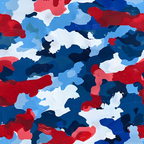 Abstract painting with bold strokes of red, blue, and white in a camouflage-like pattern.
