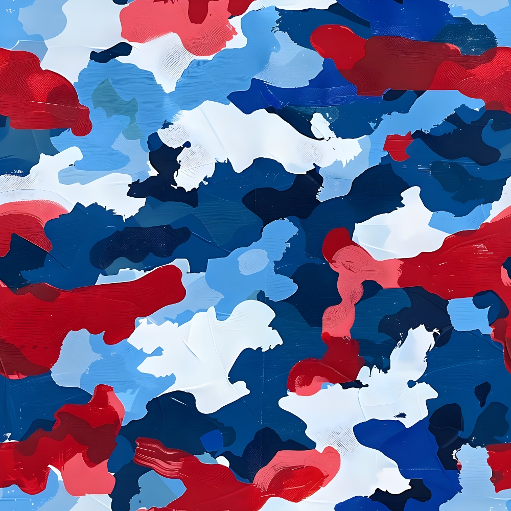 Abstract painting with bold strokes of red, blue, and white in a camouflage-like pattern.