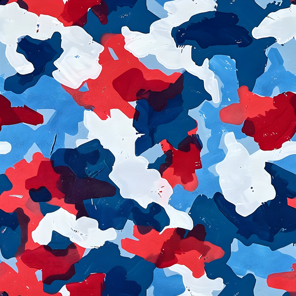 Abstract painting with red, blue, and white brushstrokes in a camouflage-like pattern.