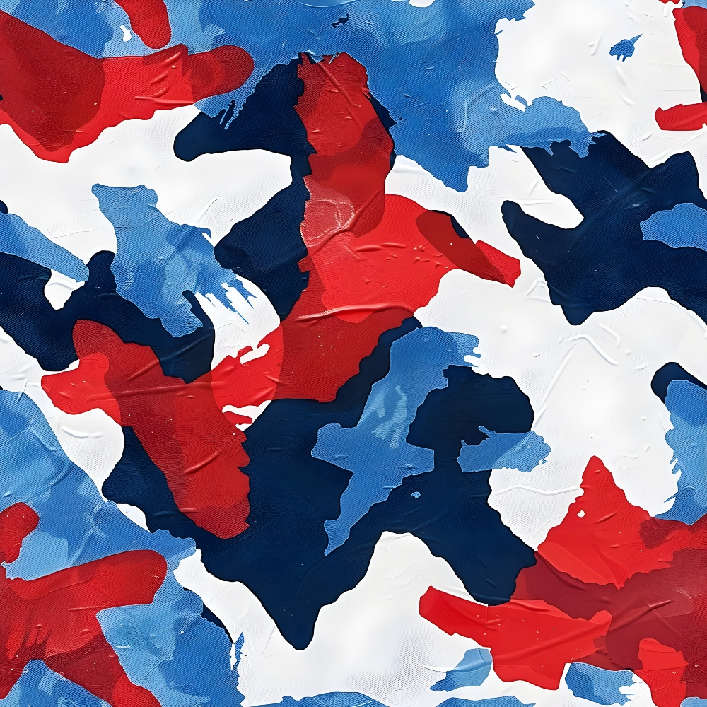 Abstract pattern with irregular shapes in red, blue, and white, creating a camo-like effect. The texture appears painted with visible brush strokes.