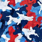 Abstract pattern with bold red, blue, and white shapes blending and overlapping on a textured background.