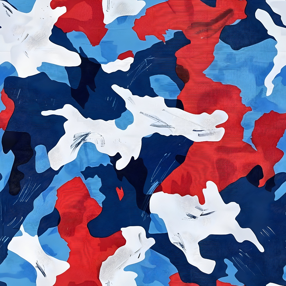 Abstract pattern with bold red, blue, and white shapes blending and overlapping on a textured background.