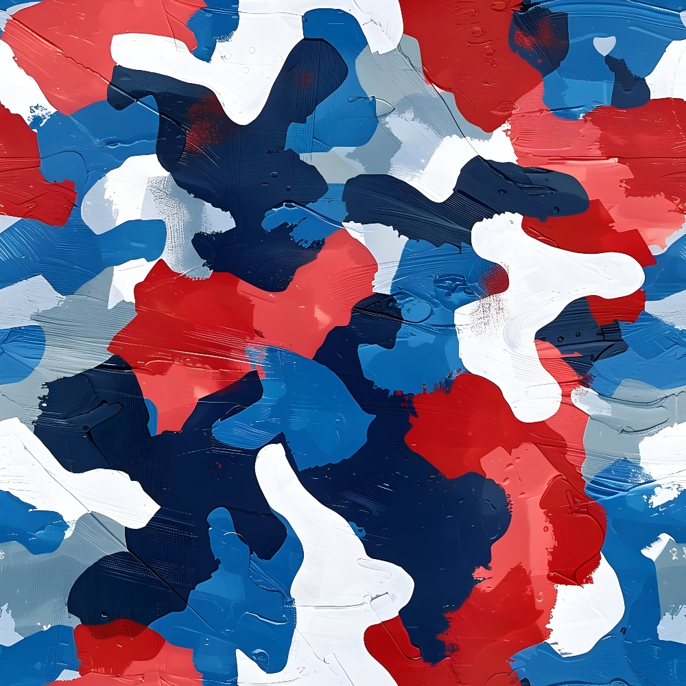 Abstract painting with overlapping patches of red, blue, white, and gray colors, creating a camouflage-like pattern.