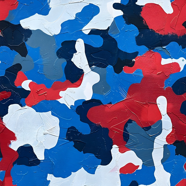 Abstract painting with irregular shapes in red, white, blue, and black tones, featuring textured brushstrokes.