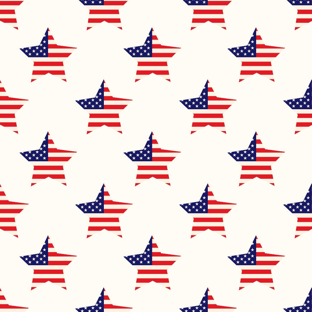 '- Patriotic July Pattern 1 Fabric - Red, white, and blue colors - Star shapes - American flag-inspired design - Quilting fabric - Cotton textile - Holiday-themed textile - Soft, premium material - Traditional striped and star pattern
