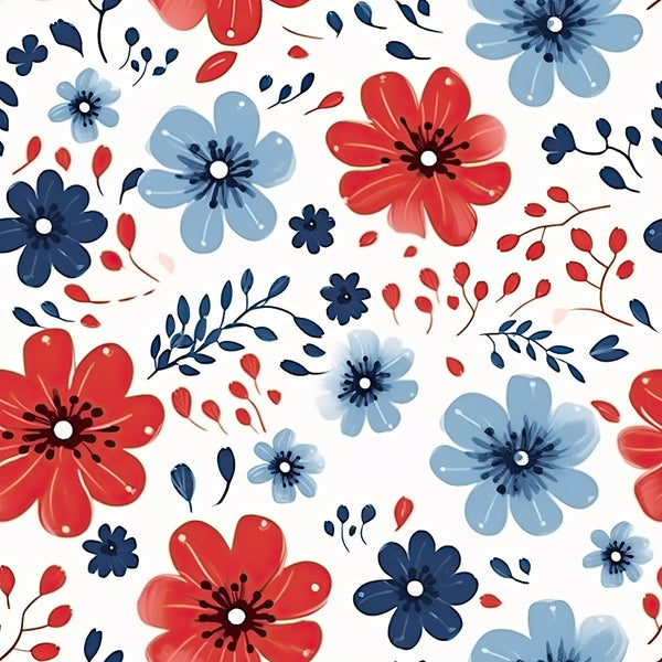 Patriotic July Pattern 13 Fabric featuring red, white, and blue floral design, blooming flowers, leafy branches, spring blossoms, festive, traditional, vibrant, soft textile, craft material, sewing fabric, decorative, premium .