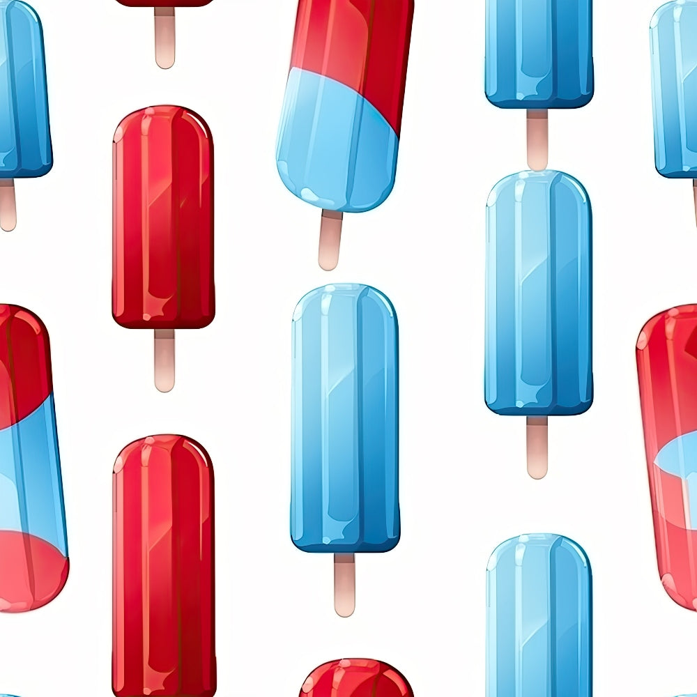 '- Patriotic July Pattern 15 Fabric - Red, blue, white colors - Ice cream popsicle design - Striped and solid color motifs - American patriotic theme - material - Summer holiday inspired fabric