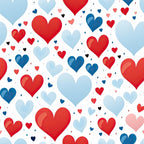 Patriotic July Pattern 17 Fabric, red hearts, blue hearts, light blue hearts, small hearts, white background, quilting, cotton, fabric, American theme, festive, craft material, sewing supply, premium quality, colorful, holiday design, textile, soft texture