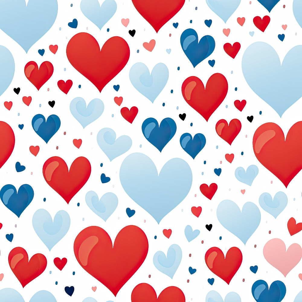 Patriotic July Pattern 17 Fabric, red hearts, blue hearts, light blue hearts, small hearts, white background, quilting, cotton, fabric, American theme, festive, craft material, sewing supply, premium quality, colorful, holiday design, textile, soft texture