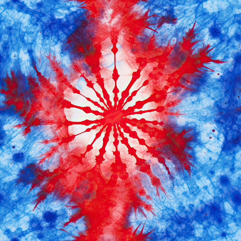 '- Patriotic July Pattern 19 Fabric - Red - Blue - White - Tie-dye - Starburst - Cotton textile - Quilting material - USA made - Vibrant colors - Soft texture
