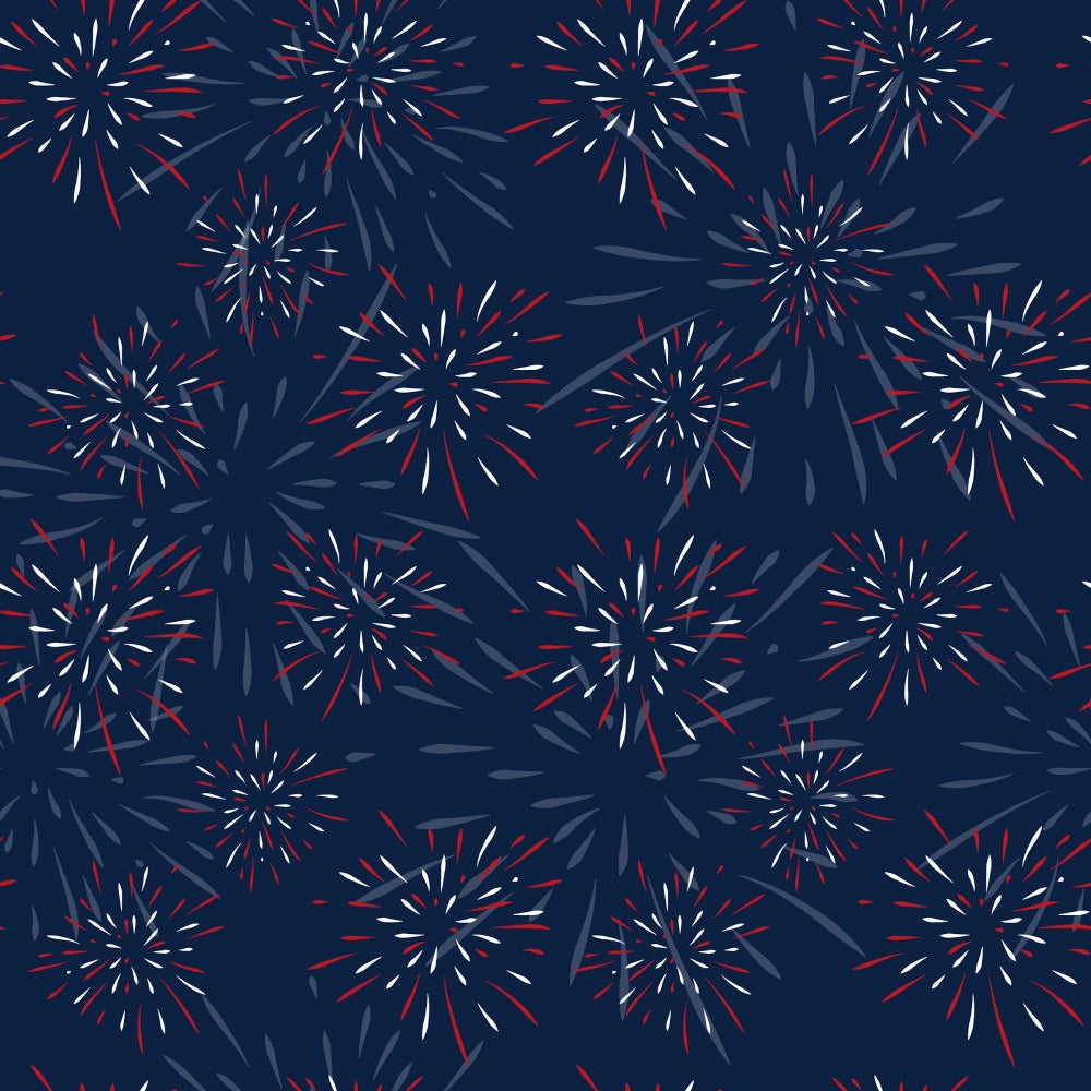 Patriotic July Pattern 2 Fabric, navy blue background, fireworks design, red white blue colors, celebratory theme, cotton textile, quilting material, festive print, traditional American style, holiday fabric, soft texture, premium, yardage fabric, patriotic motif.