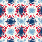Patriotic July Pattern 20 Fabric - red, white, blue, starburst design, fireworks motif, floral shapes, patriotic colors, quilting material, cotton textile, traditional print style, premium quilting fabric, American inspired pattern, craft fabric, sewing cotton, festive holiday theme.