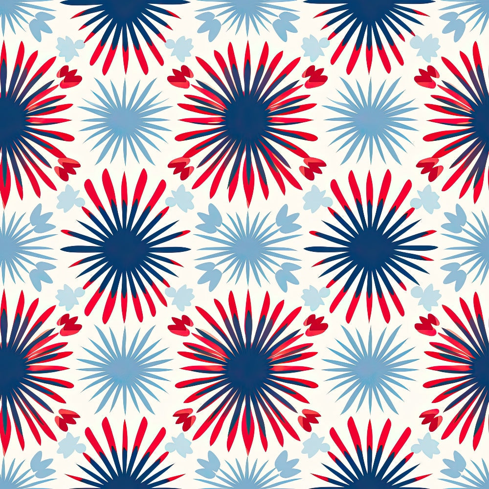 Patriotic July Pattern 20 Fabric - red, white, blue, starburst design, fireworks motif, floral shapes, patriotic colors, quilting material, cotton textile, traditional print style, premium quilting fabric, American inspired pattern, craft fabric, sewing cotton, festive holiday theme.