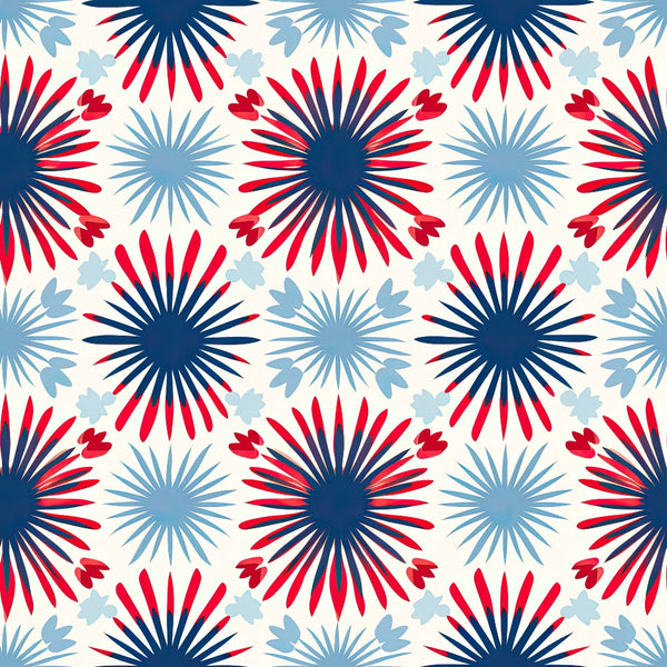 Patriotic July Pattern 20 Fabric - red, white, blue, starburst design, fireworks motif, floral shapes, patriotic colors, quilting material, cotton textile, traditional print style, premium quilting fabric, American inspired pattern, craft fabric, sewing cotton, festive holiday theme.