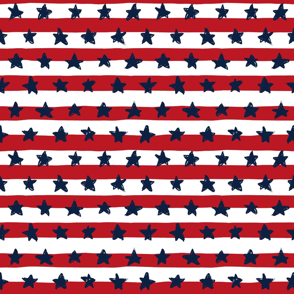 Patriotic July Pattern 3 Fabric with red and white stripes, navy blue stars, American flag inspired, patriotic design, cotton textile, quilting material, festive print, traditional colors, sewing fabric, crafting cotton.