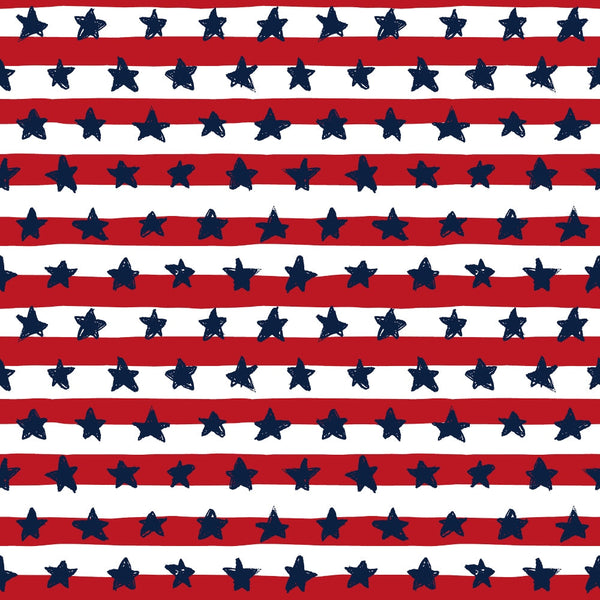 Patriotic July Pattern 3 Fabric with red and white stripes, navy blue stars, American flag inspired, patriotic design, cotton textile, quilting material, festive print, traditional colors, sewing fabric, crafting cotton.