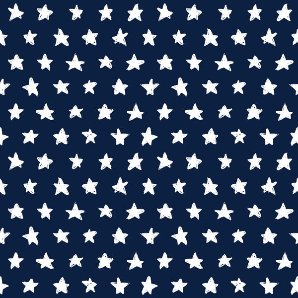 '- Patriotic July Pattern 4 Fabric - White stars - Navy blue background - Star print - Cotton textile - Quilting material - American inspired design - Fabric yardage - Soft texture - Classic cotton cloth