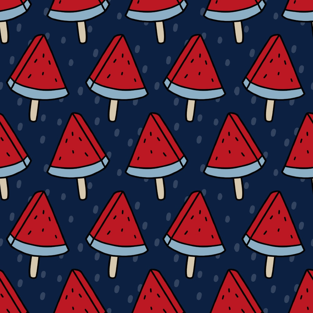 '- Patriotic July Pattern 5 Fabric - Red, navy blue, beige - Watermelon slice design - Summer theme - Cotton textile - Quilting material - Seasonal print - Soft texture - Durable cloth