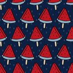 '- Patriotic July Pattern 5 Fabric - Red, navy blue, beige - Watermelon slice design - Summer theme - Cotton textile - Quilting material - Seasonal print - Soft texture - Durable cloth