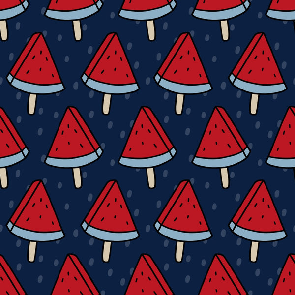 '- Patriotic July Pattern 5 Fabric - Red, navy blue, beige - Watermelon slice design - Summer theme - Cotton textile - Quilting material - Seasonal print - Soft texture - Durable cloth