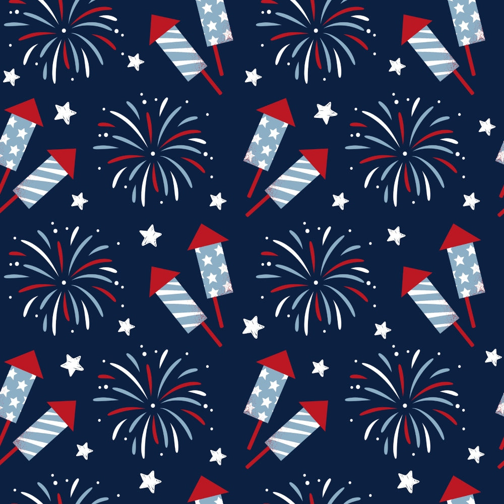 Patriotic July Pattern 7 Fabric with red, white, blue colors, fireworks, stars, rockets, festive design, Americana, celebratory, holiday theme, cotton textile, quilting material, seamless print, patriotic motif, traditional style