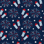 Patriotic July Pattern 7 Fabric with red, white, blue colors, fireworks, stars, rockets, festive design, Americana, celebratory, holiday theme, cotton textile, quilting material, seamless print, patriotic motif, traditional style