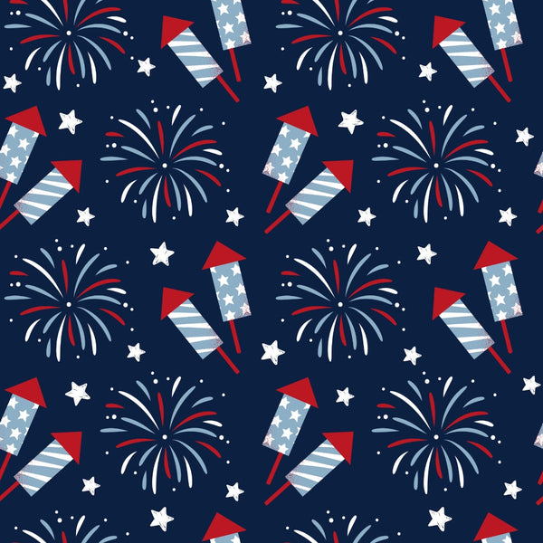 Patriotic July Pattern 7 Fabric with red, white, blue colors, fireworks, stars, rockets, festive design, Americana, celebratory, holiday theme, cotton textile, quilting material, seamless print, patriotic motif, traditional style