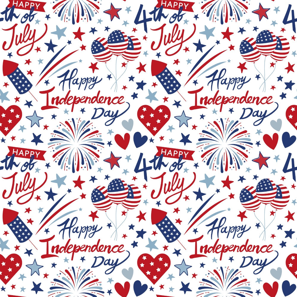 Patriotic July Pattern 8 Fabric with red, white, and blue fireworks, stars, hearts, balloons with American flag designs, "Happy Independence Day" and "4th of July" text, patriotic theme, quilting fabric, cotton textile, holiday print, festive cotton fabric.