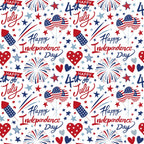 Patriotic July Pattern 8 Fabric with red, white, and blue fireworks, stars, hearts, balloons with American flag designs, "Happy Independence Day" and "4th of July" text, patriotic theme, quilting fabric, cotton textile, holiday print, festive cotton fabric.