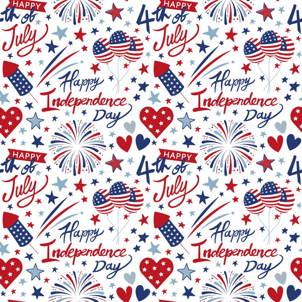 Patriotic July Pattern 8 Fabric with red, white, and blue fireworks, stars, hearts, balloons with American flag designs, "Happy Independence Day" and "4th of July" text, patriotic theme, quilting fabric, cotton textile, holiday print, festive cotton fabric.