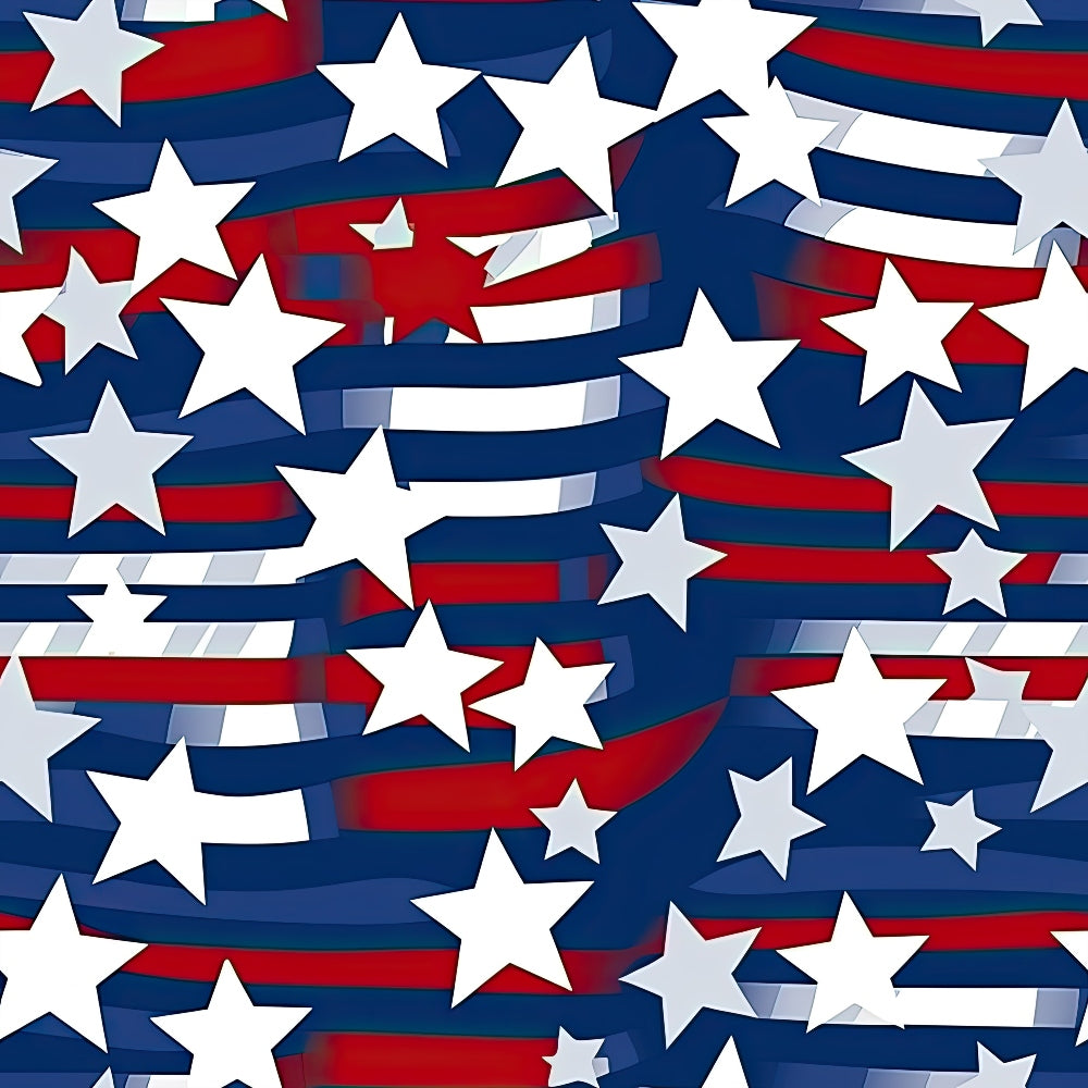 Patriotic July Pattern 9 Fabric featuring red, white, and blue colors, star shapes, stripes, American theme, festive design, textile, sewing material, craft fabric, patriotic print, quilting fabric, cotton textile, holiday fabric.