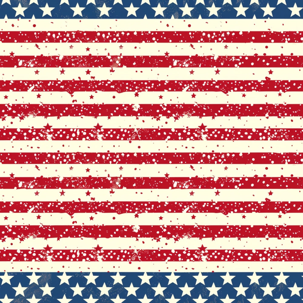 Pattern of red and white horizontal stripes with scattered stars on a blue background, resembling the American flag, with a distressed texture.