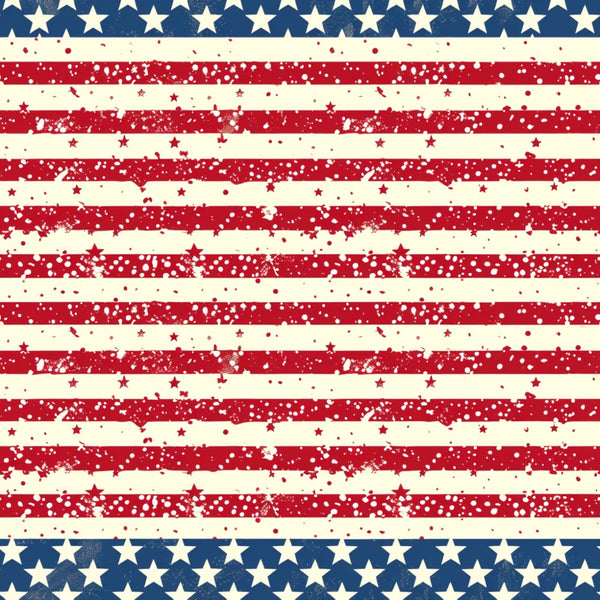 Pattern of red and white horizontal stripes with scattered stars on a blue background, resembling the American flag, with a distressed texture.