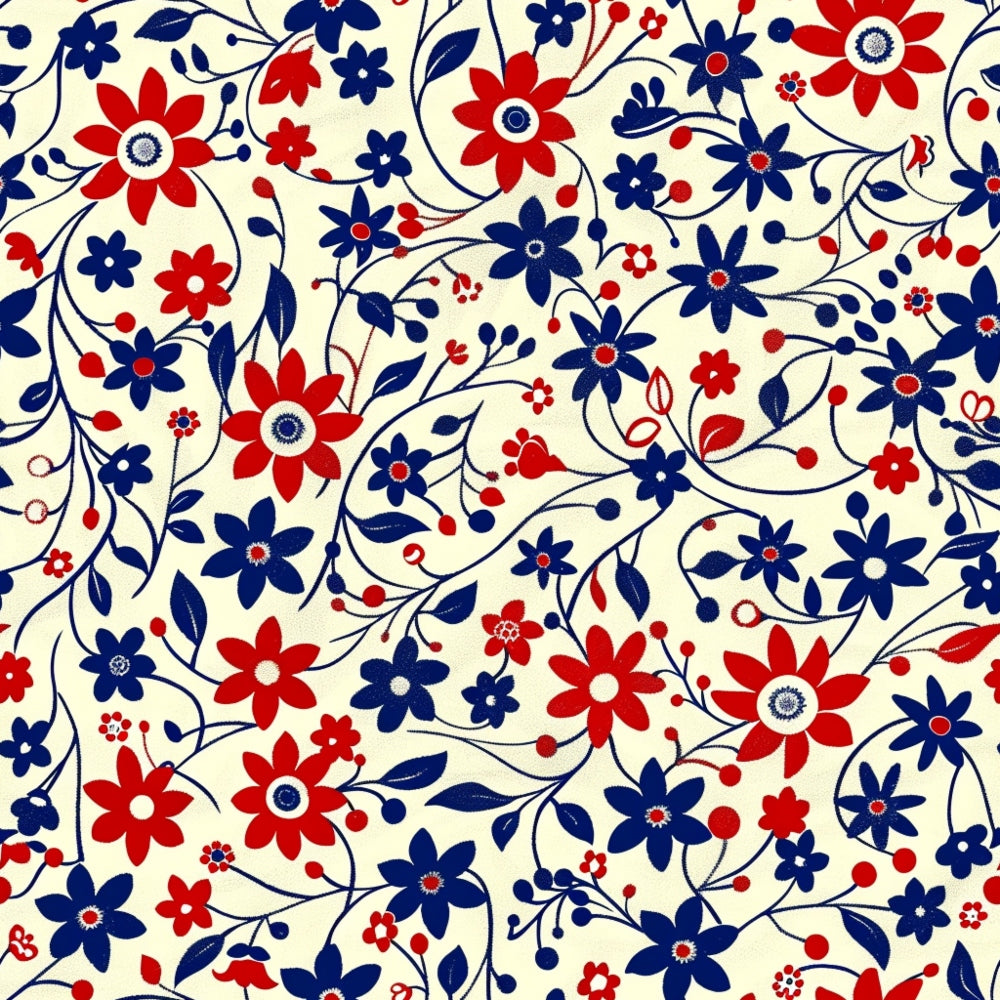 Pattern of red and blue flowers with vines on a cream background.