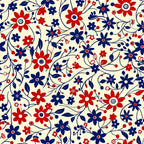 Pattern of red and blue flowers with vines on a cream background.