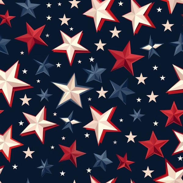 Pattern of red, white, and blue stars of various sizes on a dark background.