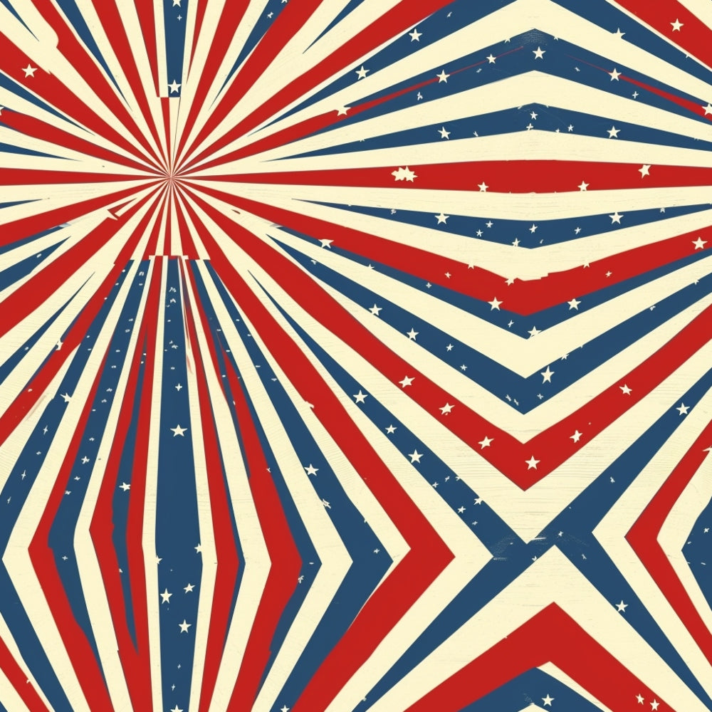 Red, white, and blue geometric pattern with star shapes and converging lines creating a dynamic, radial design.