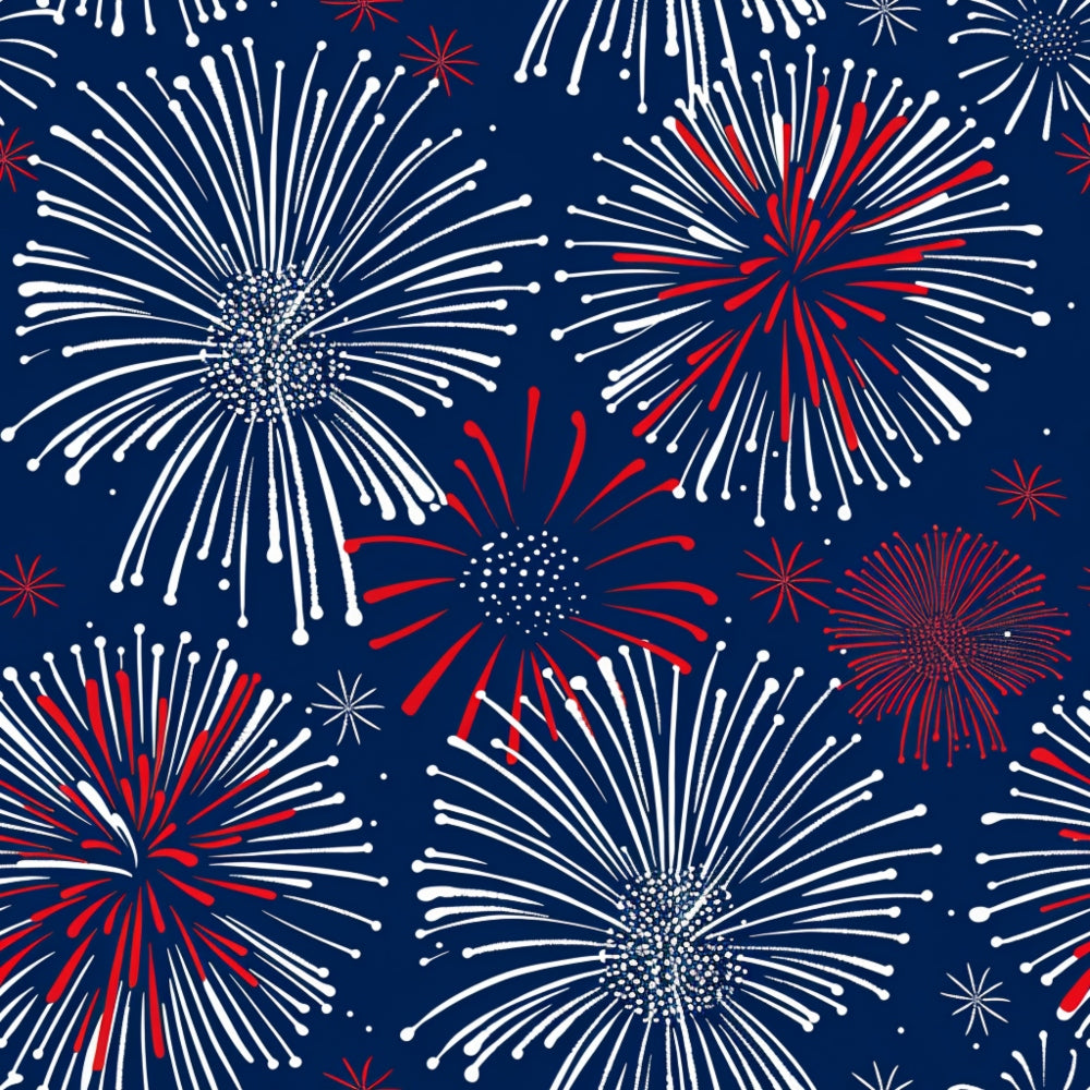 Pattern of red and white firework-like bursts against a dark blue background.