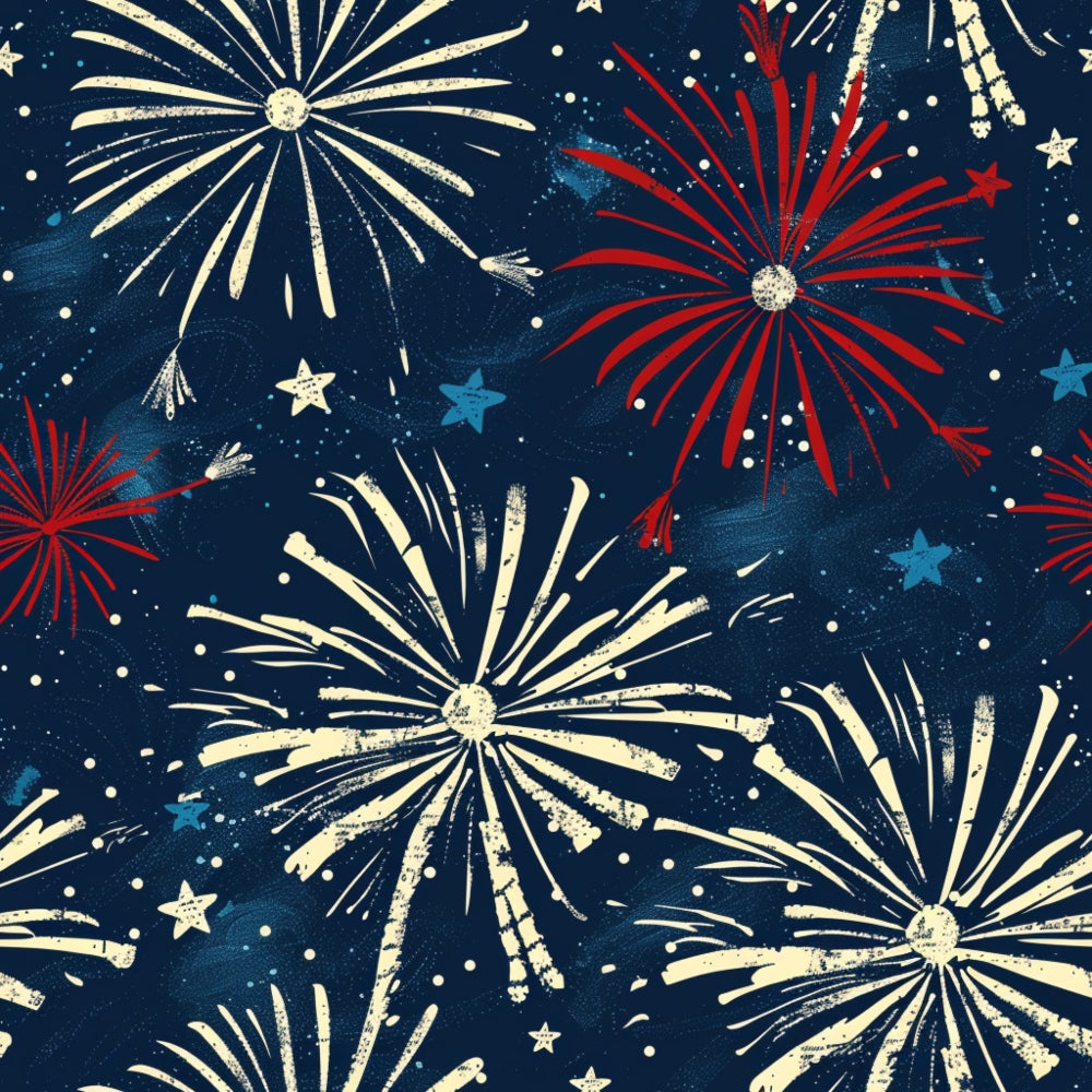 Pattern of white and red fireworks with blue stars on a dark background.
