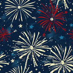 Pattern of white and red fireworks with blue stars on a dark background.
