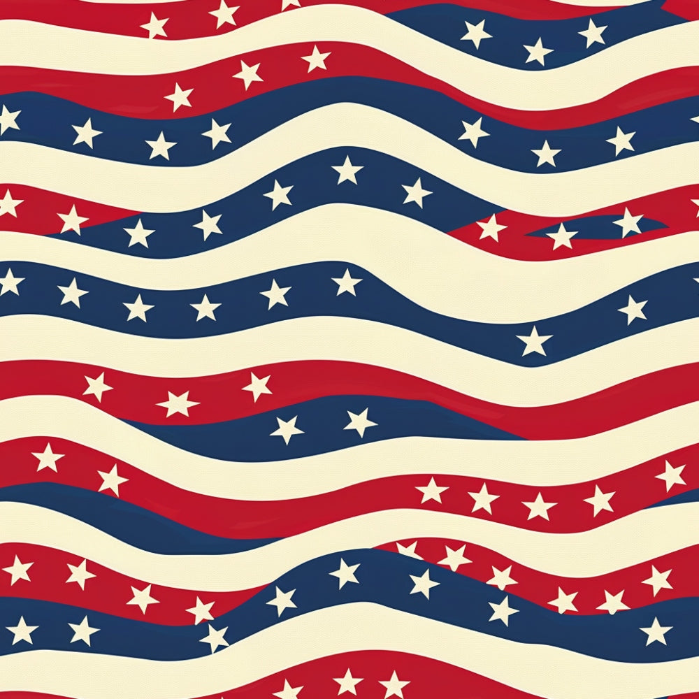 Pattern of wavy red, white, and blue stripes with white stars, resembling a stylized American flag design.