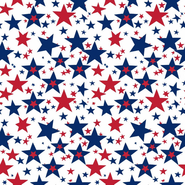 Pattern of red and blue stars of varying sizes on a white background.