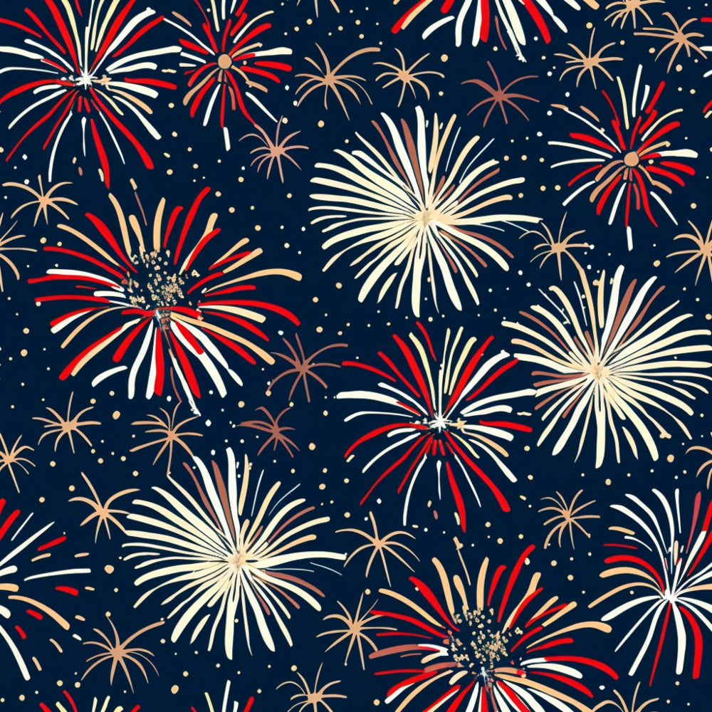 Pattern of red, white, and gold fireworks against a dark blue background.