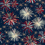 Pattern of red, white, and gold fireworks against a dark blue background.