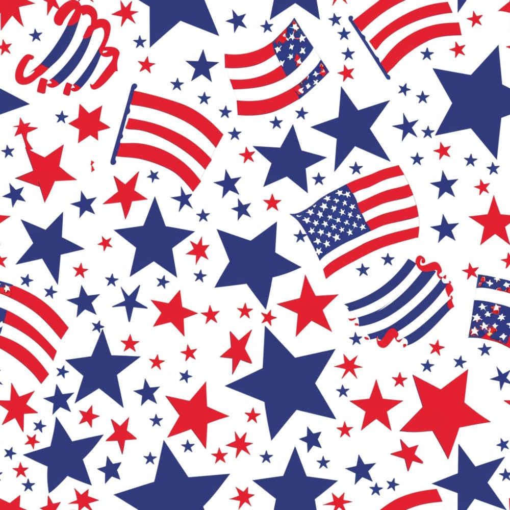 Pattern of red and blue stars and American flags on a white background.