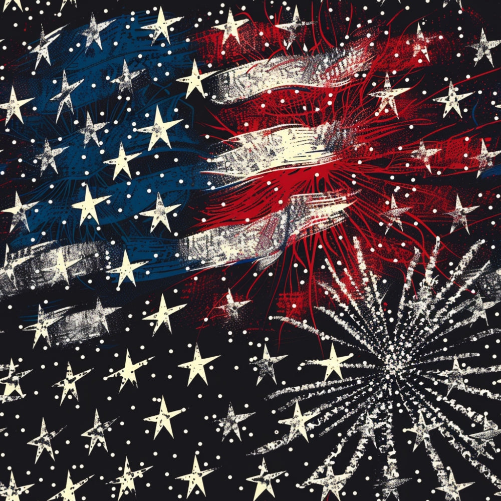 Abstract art of an American flag with stars and stripes, surrounded by fireworks on a dark background.