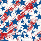 Blue stars of varying sizes scattered over red brush strokes and splatters on a white background.