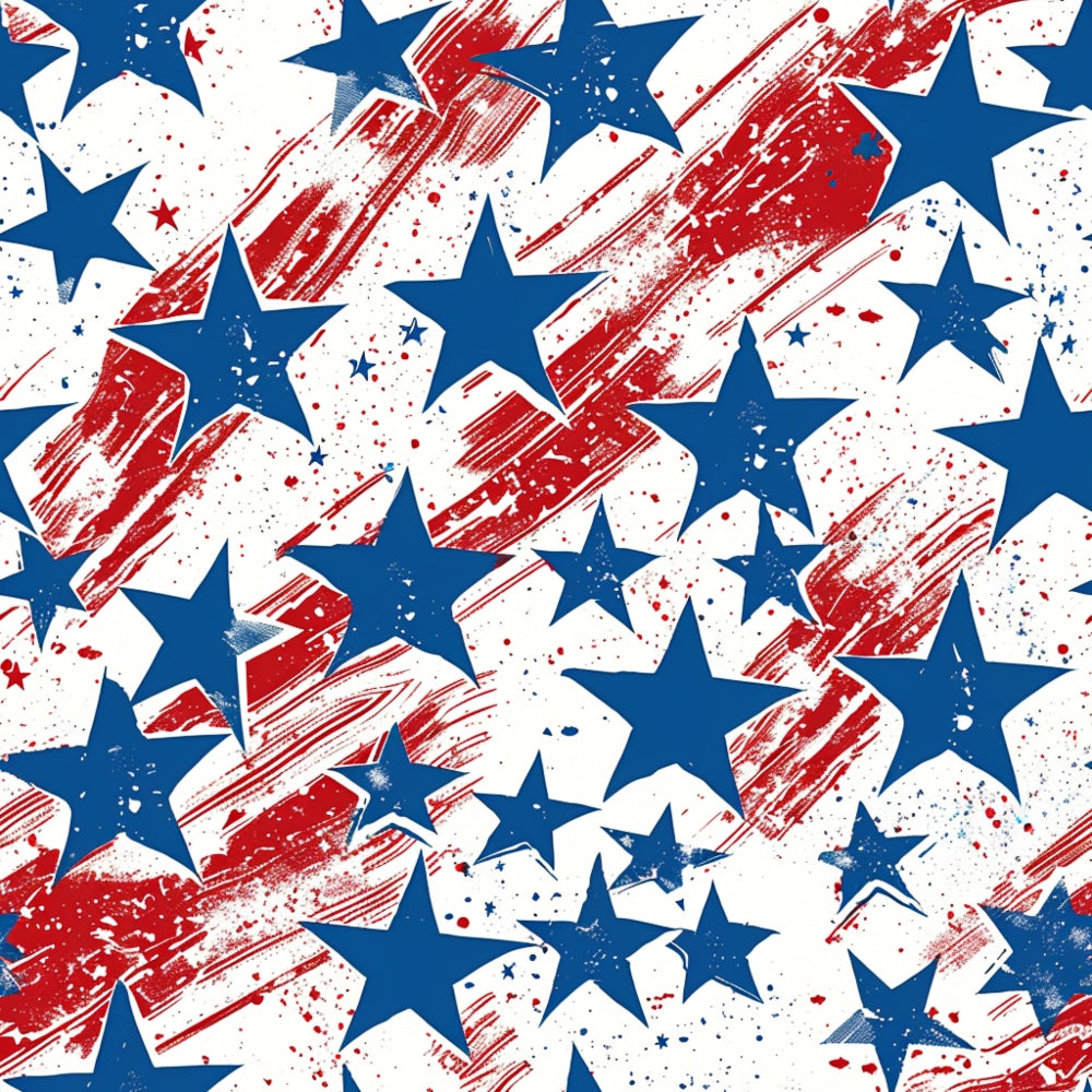 Blue stars of varying sizes scattered over red brush strokes and splatters on a white background.